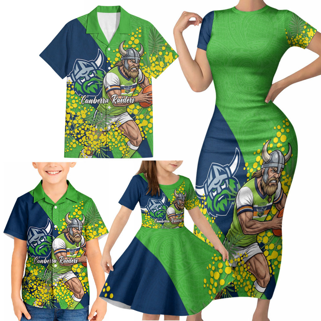Canberra Raiders Family Matching Short Sleeve Bodycon Dress and Hawaiian Shirt Golden Wattle Floral Polynesian - Australian Flower - Rugby Mascot