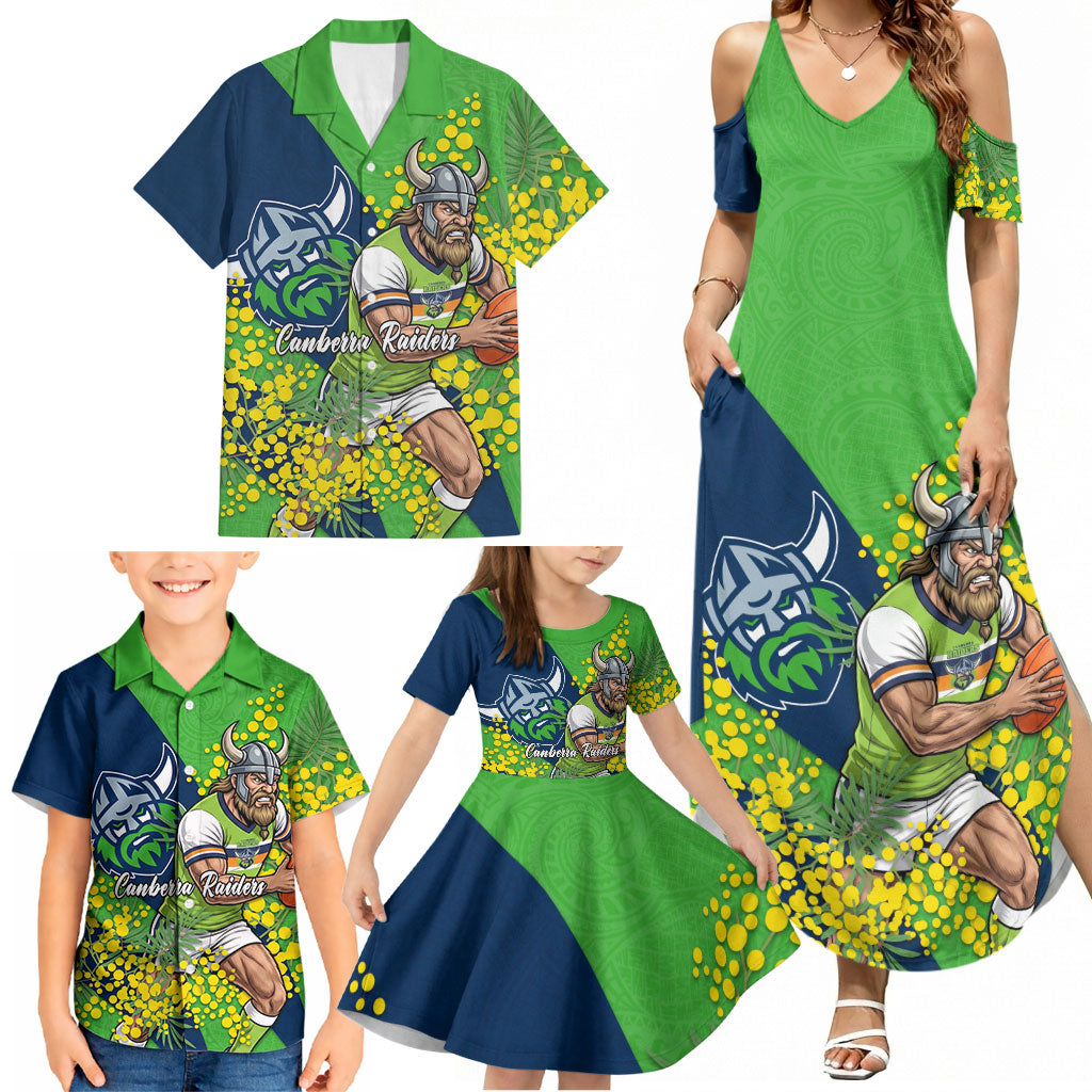Canberra Raiders Family Matching Summer Maxi Dress and Hawaiian Shirt Golden Wattle Floral Polynesian - Australian Flower - Rugby Mascot
