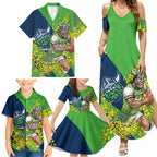 Canberra Raiders Family Matching Summer Maxi Dress and Hawaiian Shirt Golden Wattle Floral Polynesian - Australian Flower - Rugby Mascot