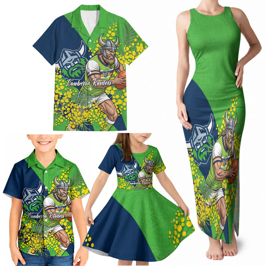 Canberra Raiders Family Matching Tank Maxi Dress and Hawaiian Shirt Golden Wattle Floral Polynesian - Australian Flower - Rugby Mascot