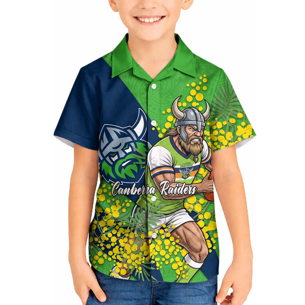 Canberra Raiders Kid Hawaiian Shirt Golden Wattle Floral Polynesian - Australian Flower - Rugby Mascot