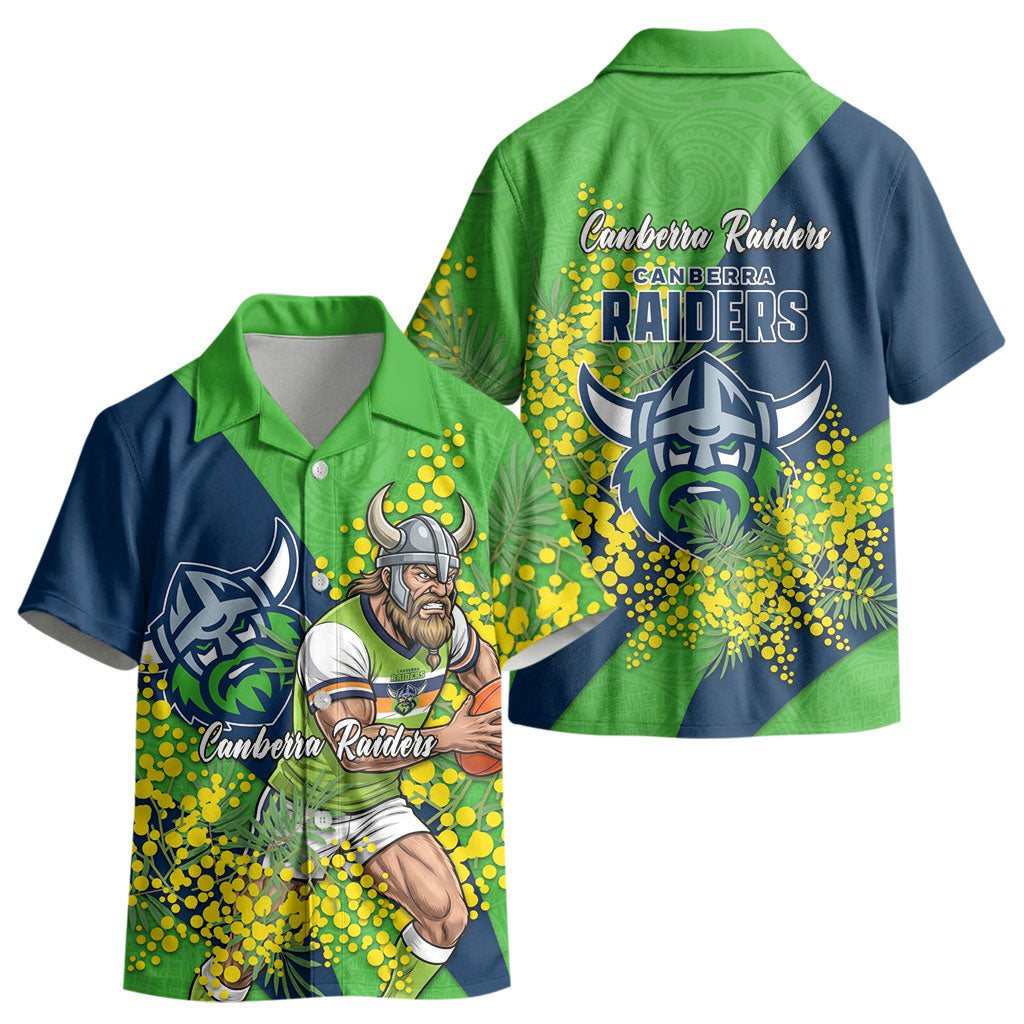 Canberra Raiders Kid Hawaiian Shirt Golden Wattle Floral Polynesian - Australian Flower - Rugby Mascot