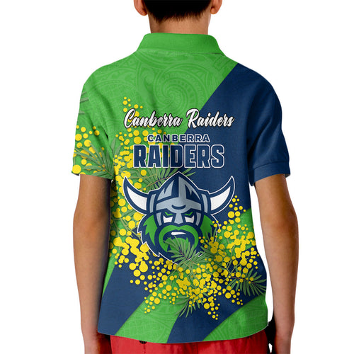 Canberra Raiders Kid Polo Shirt Golden Wattle Floral Polynesian - Australian Flower - Rugby Mascot