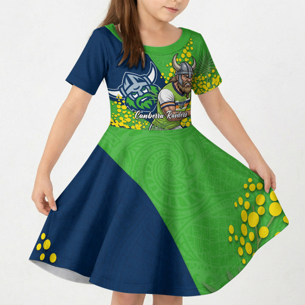 Canberra Raiders Kid Short Sleeve Dress Golden Wattle Floral Polynesian - Australian Flower - Rugby Mascot