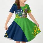 Canberra Raiders Kid Short Sleeve Dress Golden Wattle Floral Polynesian - Australian Flower - Rugby Mascot