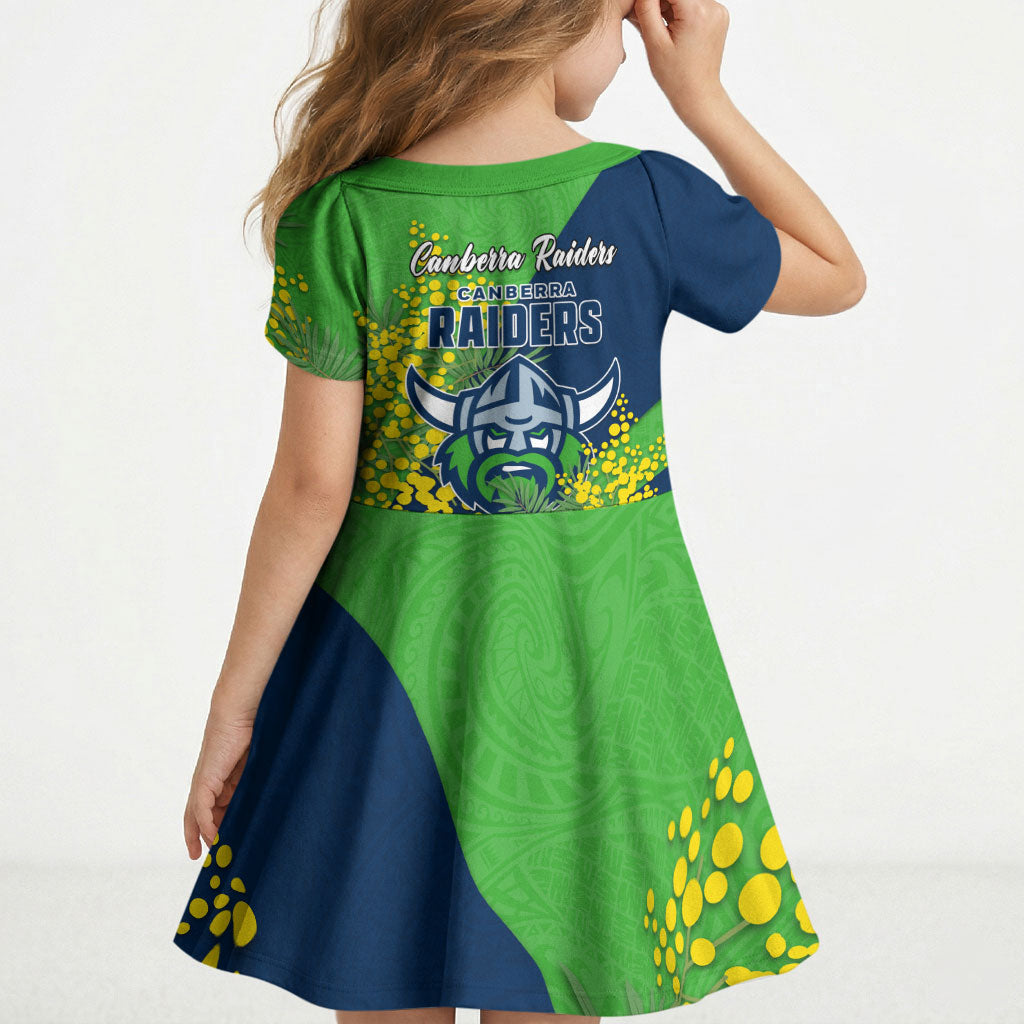 Canberra Raiders Kid Short Sleeve Dress Golden Wattle Floral Polynesian - Australian Flower - Rugby Mascot