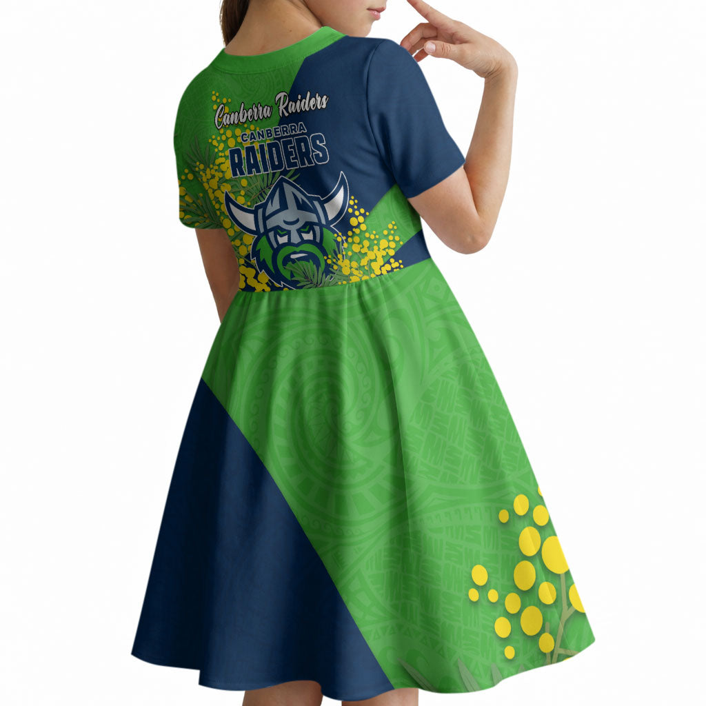 Canberra Raiders Kid Short Sleeve Dress Golden Wattle Floral Polynesian - Australian Flower - Rugby Mascot