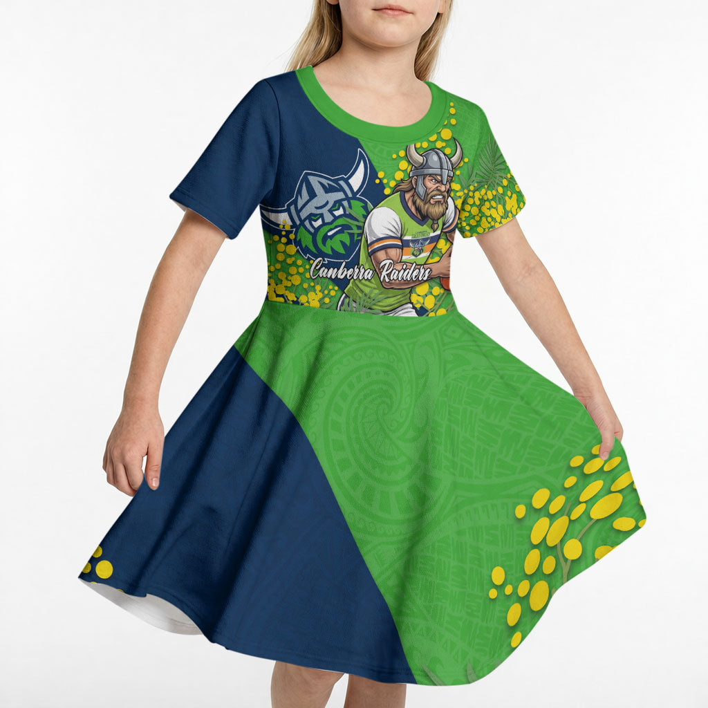Canberra Raiders Kid Short Sleeve Dress Golden Wattle Floral Polynesian - Australian Flower - Rugby Mascot