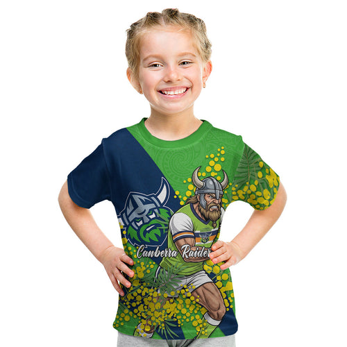 Canberra Raiders Kid T Shirt Golden Wattle Floral Polynesian - Australian Flower - Rugby Mascot