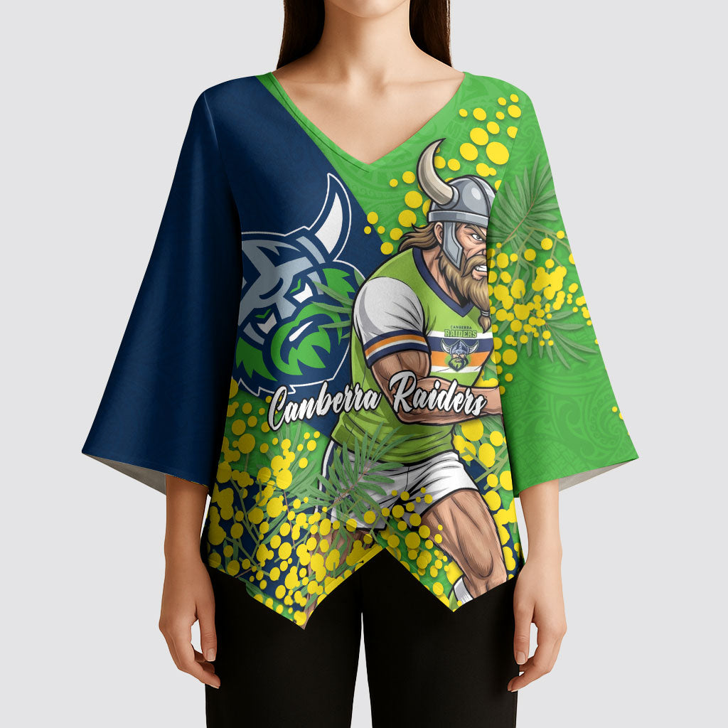 Canberra Raiders Kimono Sleeve Blouse Golden Wattle Floral Polynesian - Australian Flower - Rugby Mascot