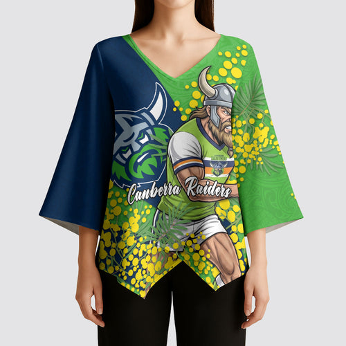 Canberra Raiders Kimono Sleeve Blouse Golden Wattle Floral Polynesian - Australian Flower - Rugby Mascot