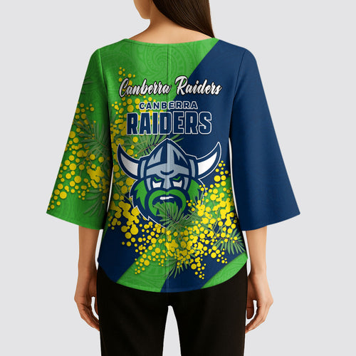 Canberra Raiders Kimono Sleeve Blouse Golden Wattle Floral Polynesian - Australian Flower - Rugby Mascot