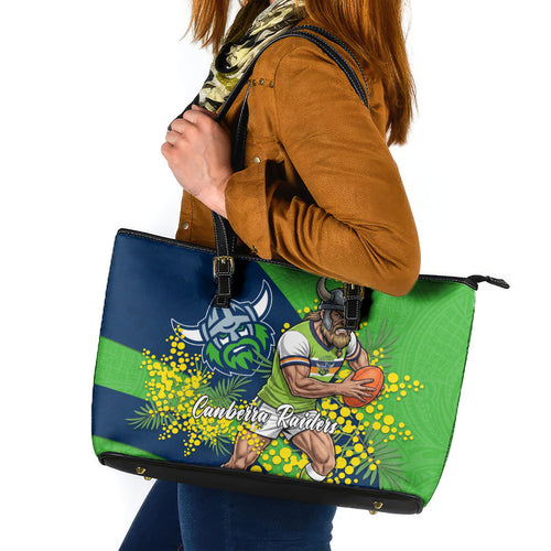 Canberra Raiders Leather Tote Bag Golden Wattle Floral Polynesian - Australian Flower - Rugby Mascot