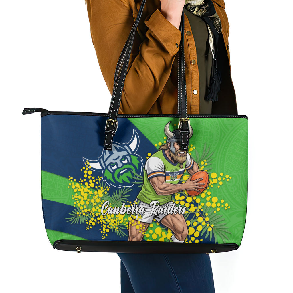 Canberra Raiders Leather Tote Bag Golden Wattle Floral Polynesian - Australian Flower - Rugby Mascot