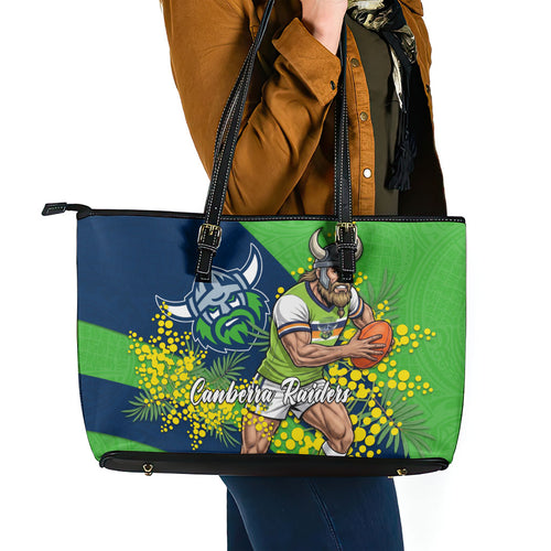 Canberra Raiders Leather Tote Bag Golden Wattle Floral Polynesian - Australian Flower - Rugby Mascot