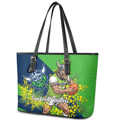Canberra Raiders Leather Tote Bag Golden Wattle Floral Polynesian - Australian Flower - Rugby Mascot