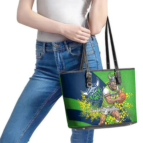 Canberra Raiders Leather Tote Bag Golden Wattle Floral Polynesian - Australian Flower - Rugby Mascot