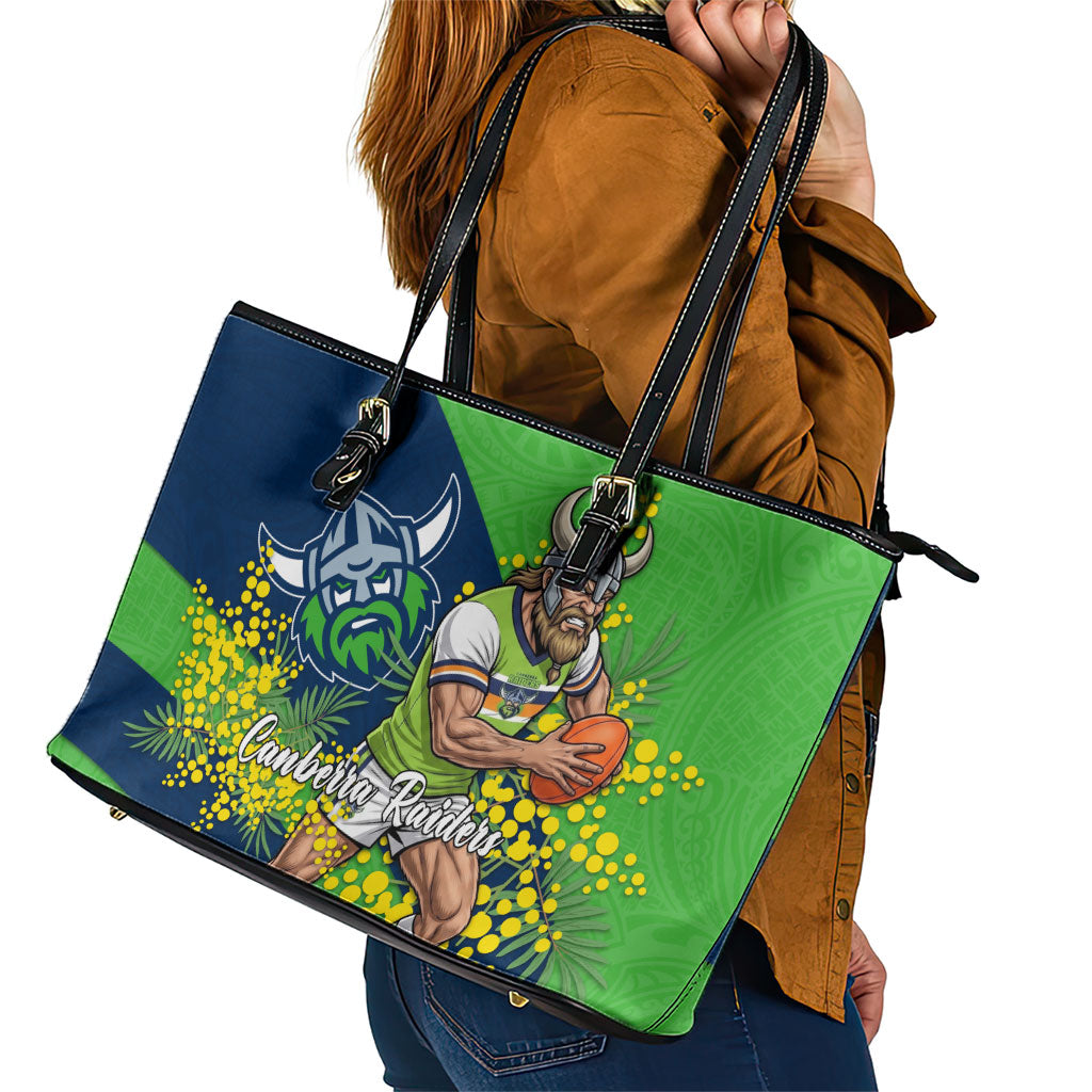 Canberra Raiders Leather Tote Bag Golden Wattle Floral Polynesian - Australian Flower - Rugby Mascot