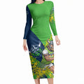 Canberra Raiders Long Sleeve Bodycon Dress Golden Wattle Floral Polynesian - Australian Flower - Rugby Mascot