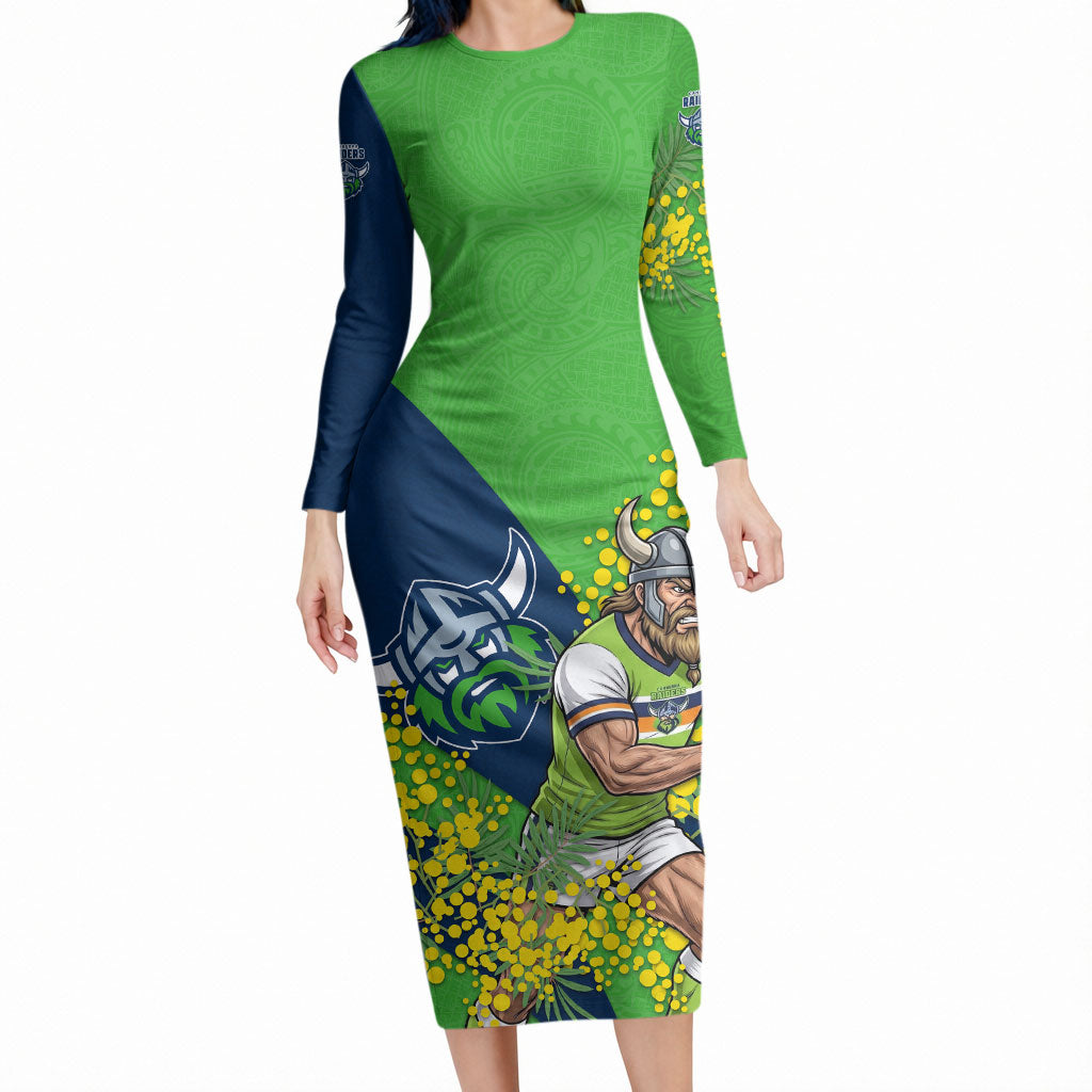Canberra Raiders Long Sleeve Bodycon Dress Golden Wattle Floral Polynesian - Australian Flower - Rugby Mascot