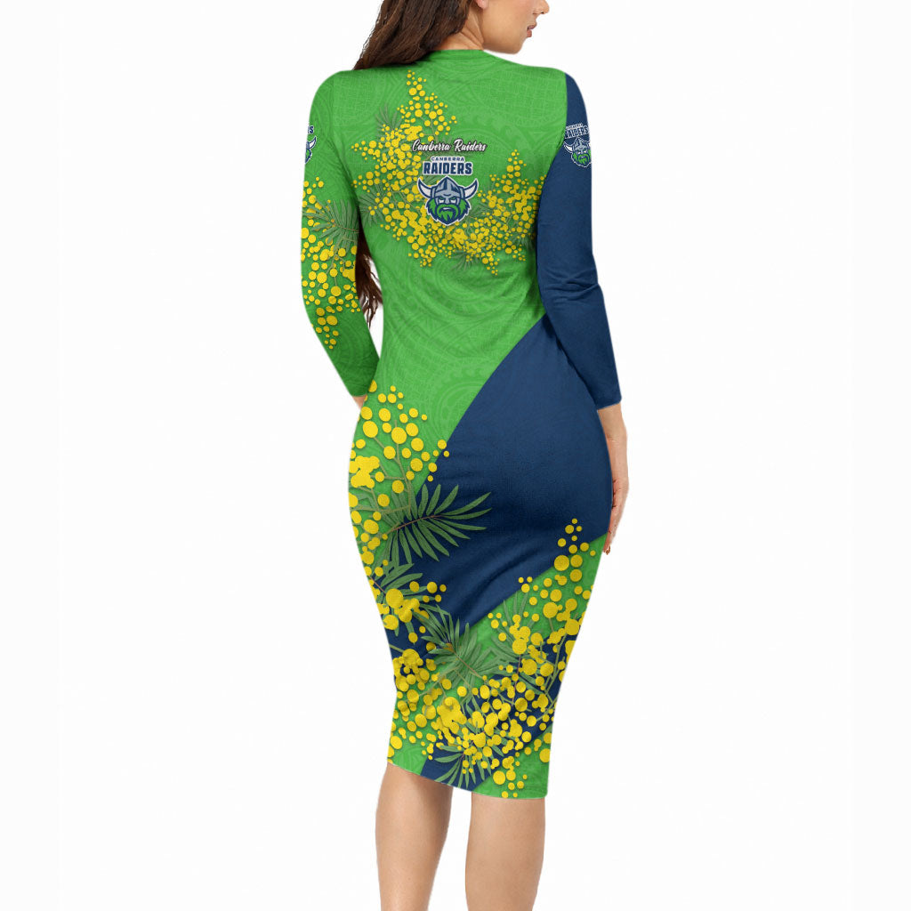 Canberra Raiders Long Sleeve Bodycon Dress Golden Wattle Floral Polynesian - Australian Flower - Rugby Mascot