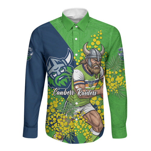 Canberra Raiders Long Sleeve Button Shirt Golden Wattle Floral Polynesian - Australian Flower - Rugby Mascot