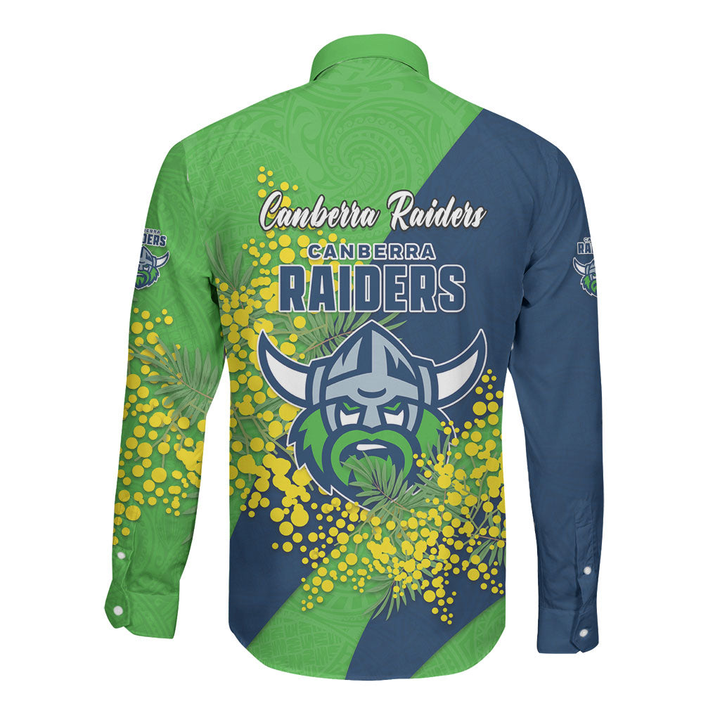 Canberra Raiders Long Sleeve Button Shirt Golden Wattle Floral Polynesian - Australian Flower - Rugby Mascot