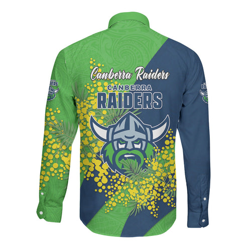 Canberra Raiders Long Sleeve Button Shirt Golden Wattle Floral Polynesian - Australian Flower - Rugby Mascot