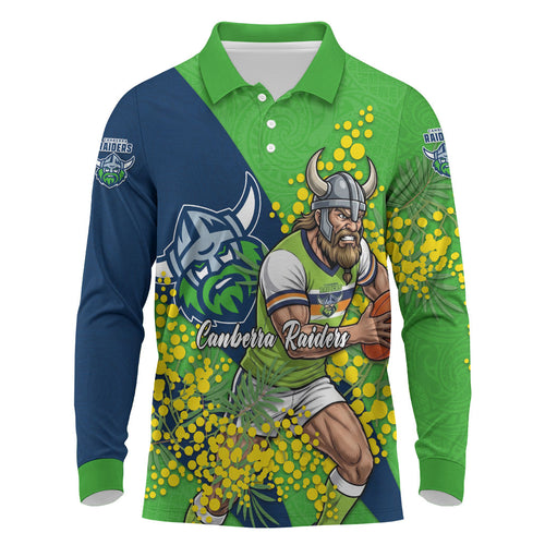Canberra Raiders Long Sleeve Polo Shirt Golden Wattle Floral Polynesian - Australian Flower - Rugby Mascot