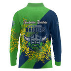Canberra Raiders Long Sleeve Polo Shirt Golden Wattle Floral Polynesian - Australian Flower - Rugby Mascot