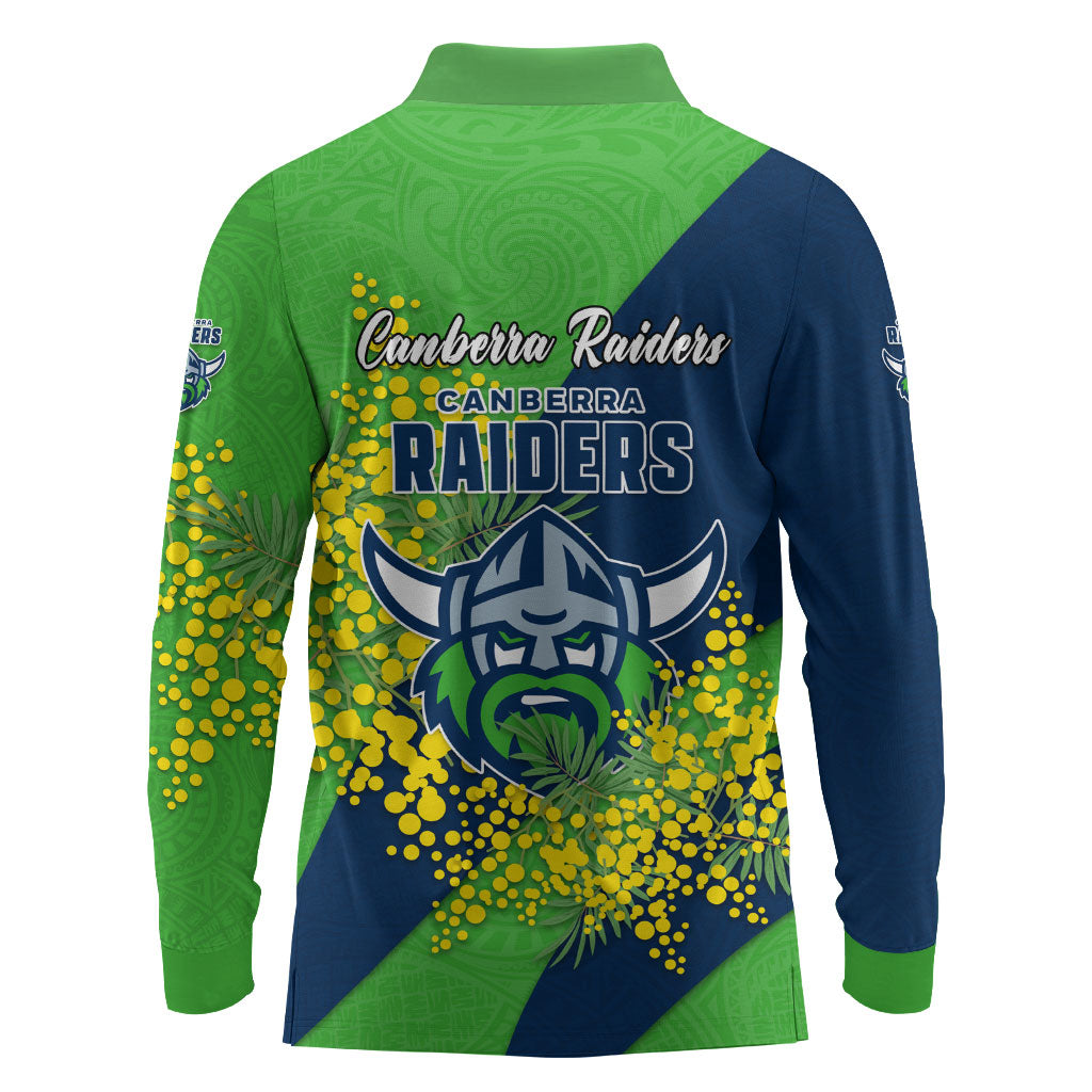 Canberra Raiders Long Sleeve Polo Shirt Golden Wattle Floral Polynesian - Australian Flower - Rugby Mascot