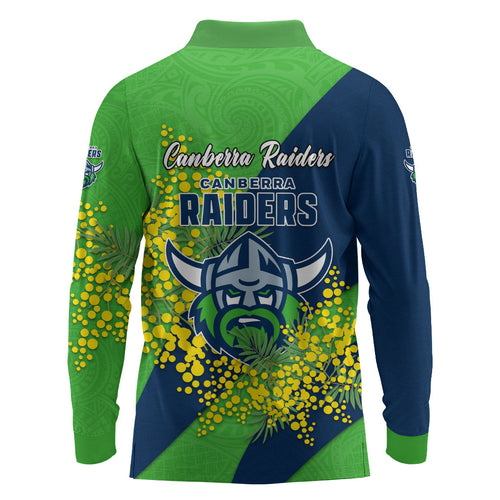 Canberra Raiders Long Sleeve Polo Shirt Golden Wattle Floral Polynesian - Australian Flower - Rugby Mascot