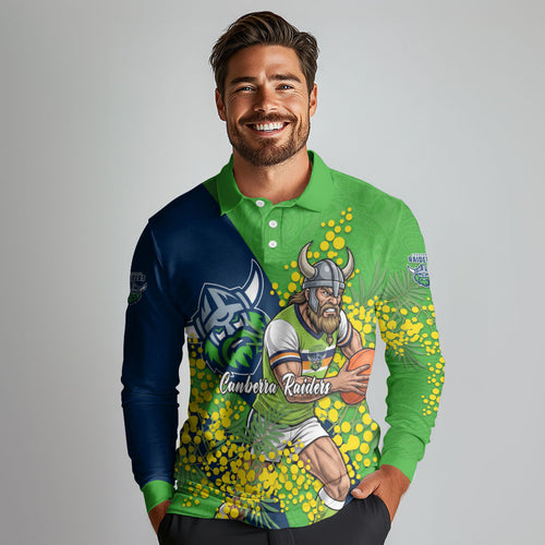 Canberra Raiders Long Sleeve Polo Shirt Golden Wattle Floral Polynesian - Australian Flower - Rugby Mascot