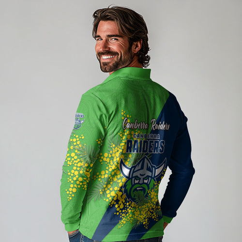 Canberra Raiders Long Sleeve Polo Shirt Golden Wattle Floral Polynesian - Australian Flower - Rugby Mascot