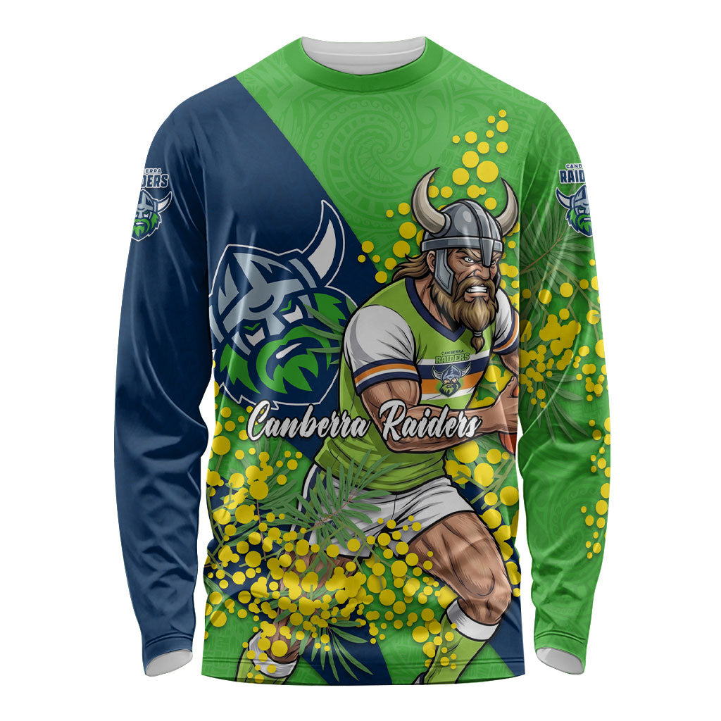 Canberra Raiders Long Sleeve Shirt Golden Wattle Floral Polynesian - Australian Flower - Rugby Mascot