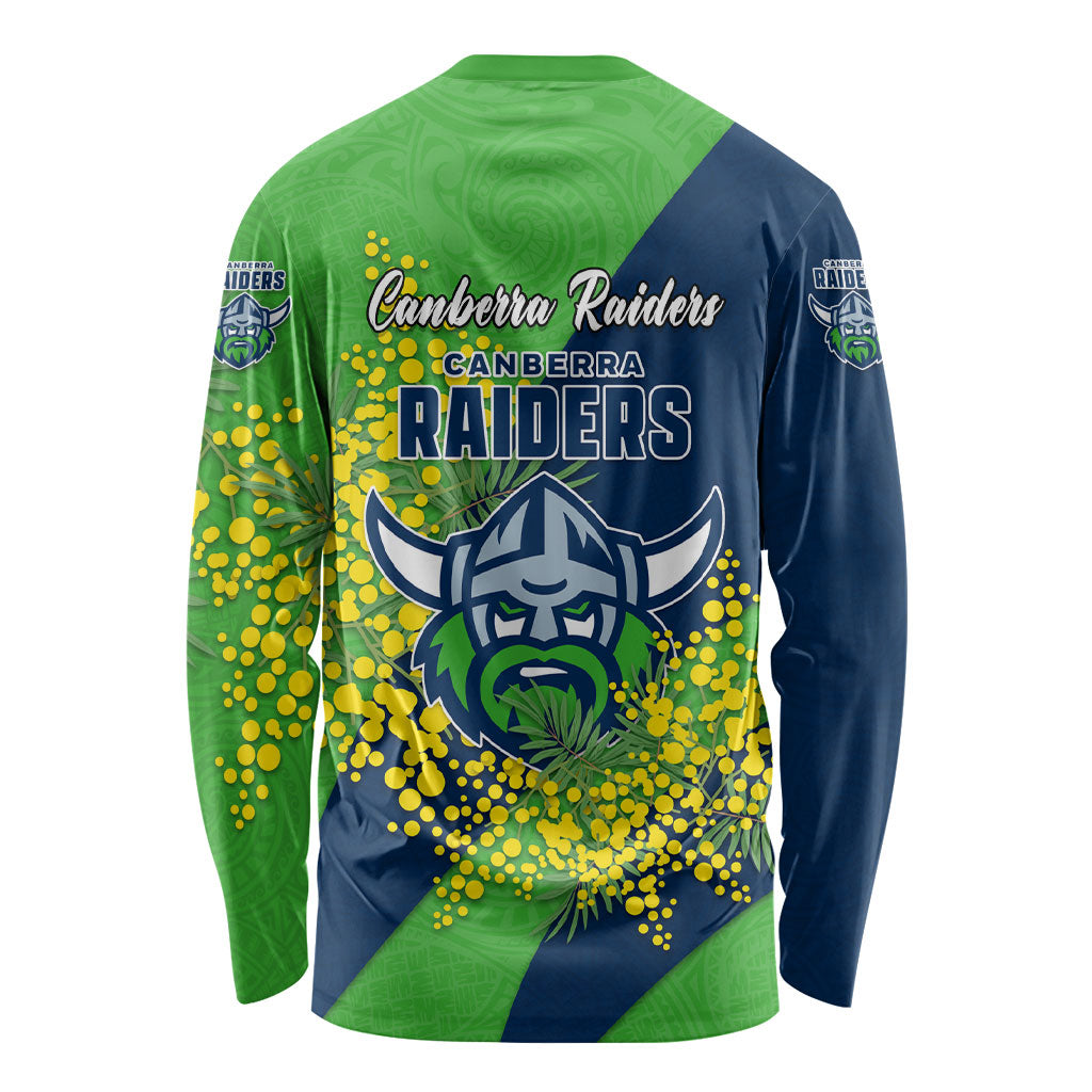 Canberra Raiders Long Sleeve Shirt Golden Wattle Floral Polynesian - Australian Flower - Rugby Mascot