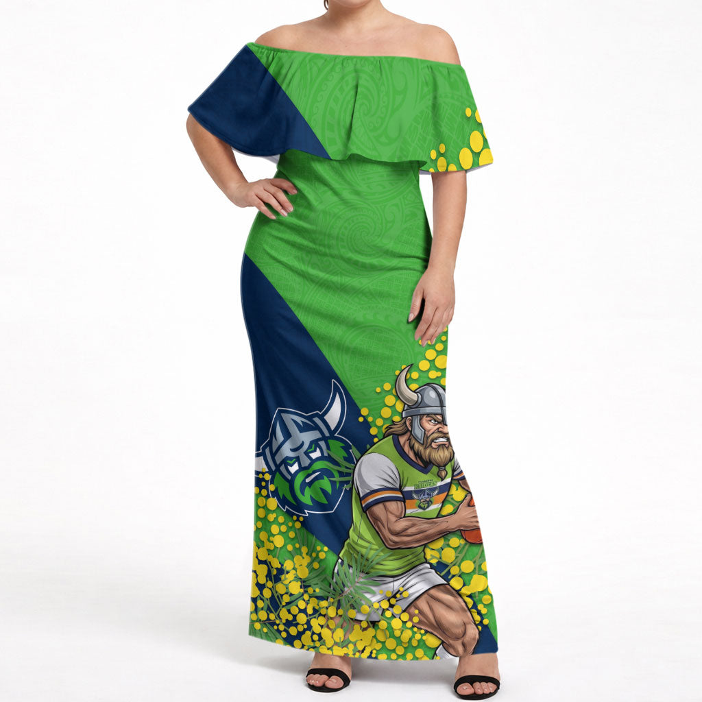 Canberra Raiders Off Shoulder Maxi Dress Golden Wattle Floral Polynesian - Australian Flower - Rugby Mascot