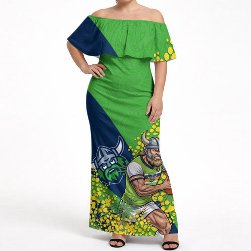 Canberra Raiders Off Shoulder Maxi Dress Golden Wattle Floral Polynesian - Australian Flower - Rugby Mascot
