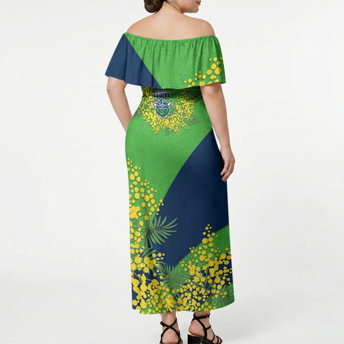 Canberra Raiders Off Shoulder Maxi Dress Golden Wattle Floral Polynesian - Australian Flower - Rugby Mascot