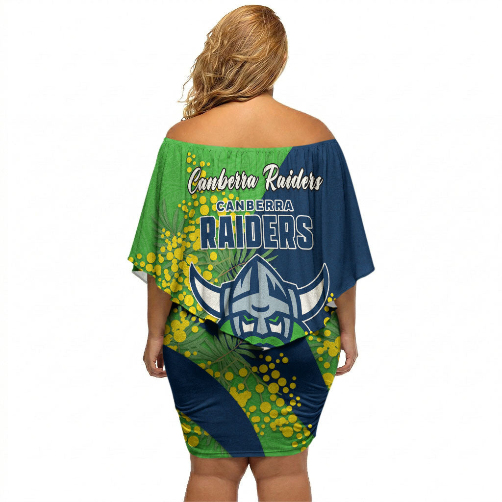 Canberra Raiders Off Shoulder Short Dress Golden Wattle Floral Polynesian - Australian Flower - Rugby Mascot