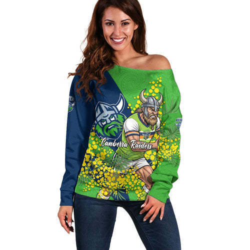 Canberra Raiders Off Shoulder Sweater Golden Wattle Floral Polynesian - Australian Flower - Rugby Mascot