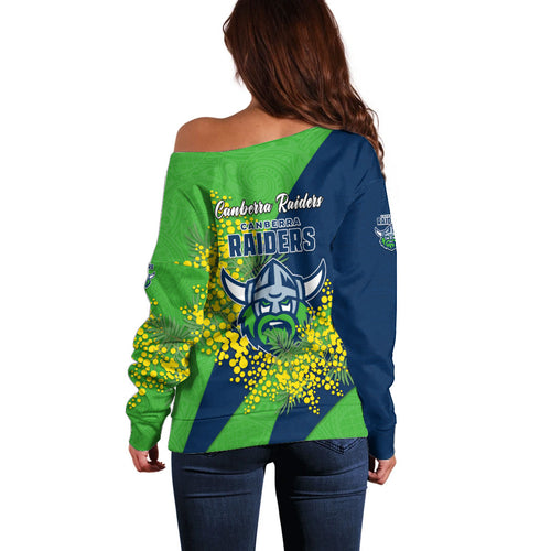 Canberra Raiders Off Shoulder Sweater Golden Wattle Floral Polynesian - Australian Flower - Rugby Mascot