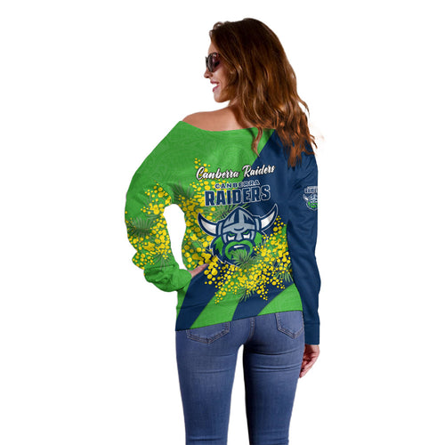 Canberra Raiders Off Shoulder Sweater Golden Wattle Floral Polynesian - Australian Flower - Rugby Mascot