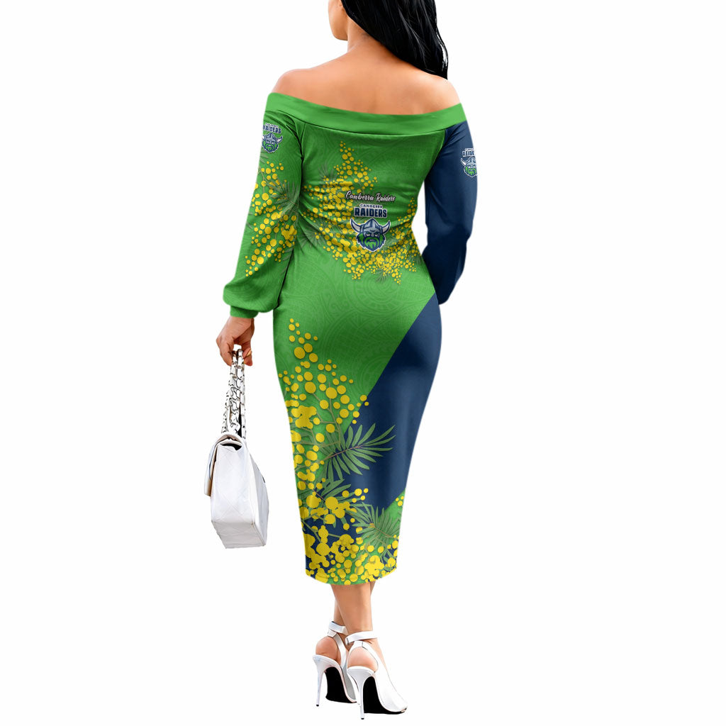 Canberra Raiders Off The Shoulder Long Sleeve Dress Golden Wattle Floral Polynesian - Australian Flower - Rugby Mascot