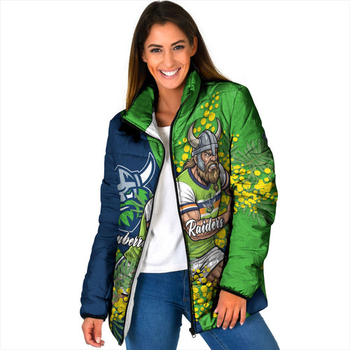 Canberra Raiders Padded Jacket Golden Wattle Floral Polynesian - Australian Flower - Rugby Mascot