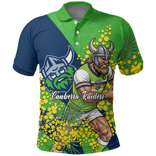 Canberra Raiders Polo Shirt Golden Wattle Floral Polynesian - Australian Flower - Rugby Mascot