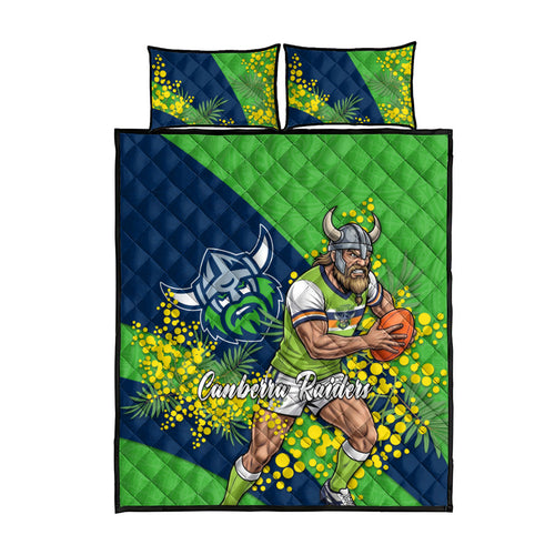 Canberra Raiders Quilt Bed Set Golden Wattle Floral Polynesian - Australian Flower - Rugby Mascot