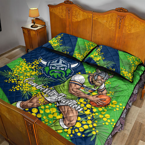 Canberra Raiders Quilt Bed Set Golden Wattle Floral Polynesian - Australian Flower - Rugby Mascot