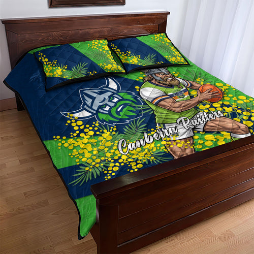 Canberra Raiders Quilt Bed Set Golden Wattle Floral Polynesian - Australian Flower - Rugby Mascot