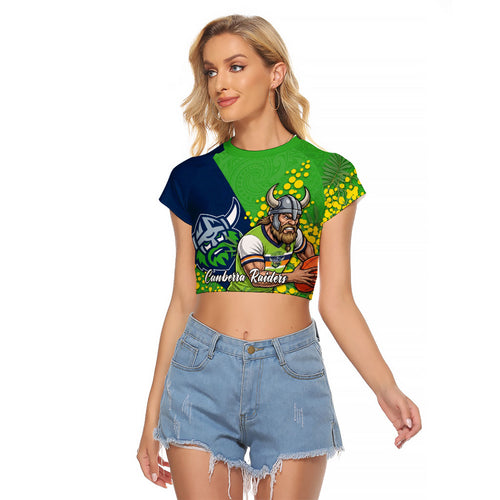Canberra Raiders Raglan Cropped T Shirt Golden Wattle Floral Polynesian - Australian Flower - Rugby Mascot